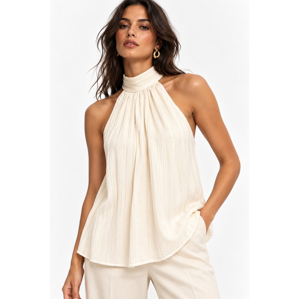 H&M Cream Textured Halter Neck Tie Back Sleeveless Blouse Top XL NWT